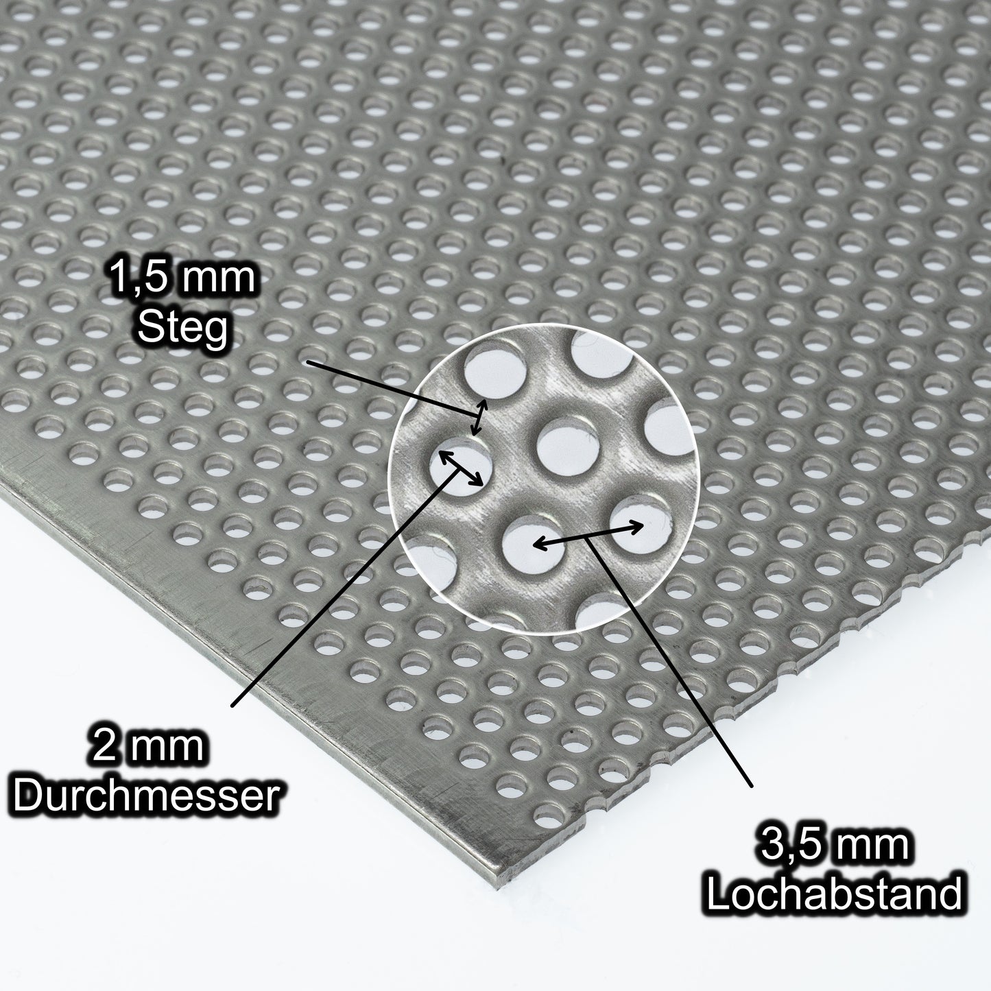 Edelstahl Lochblech mit Lochdurchmesser 2 mm - Lochabstand 3,5 mm - Steg 1,5 mm - Stärke 1,5 mm