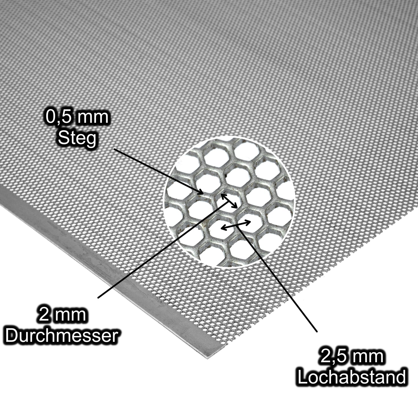 Stahl Lochblech mit Lochdurchmesser 2 mm - Lochabstand 2,5 mm - Steg 0,5 mm - Stärke 1 mm