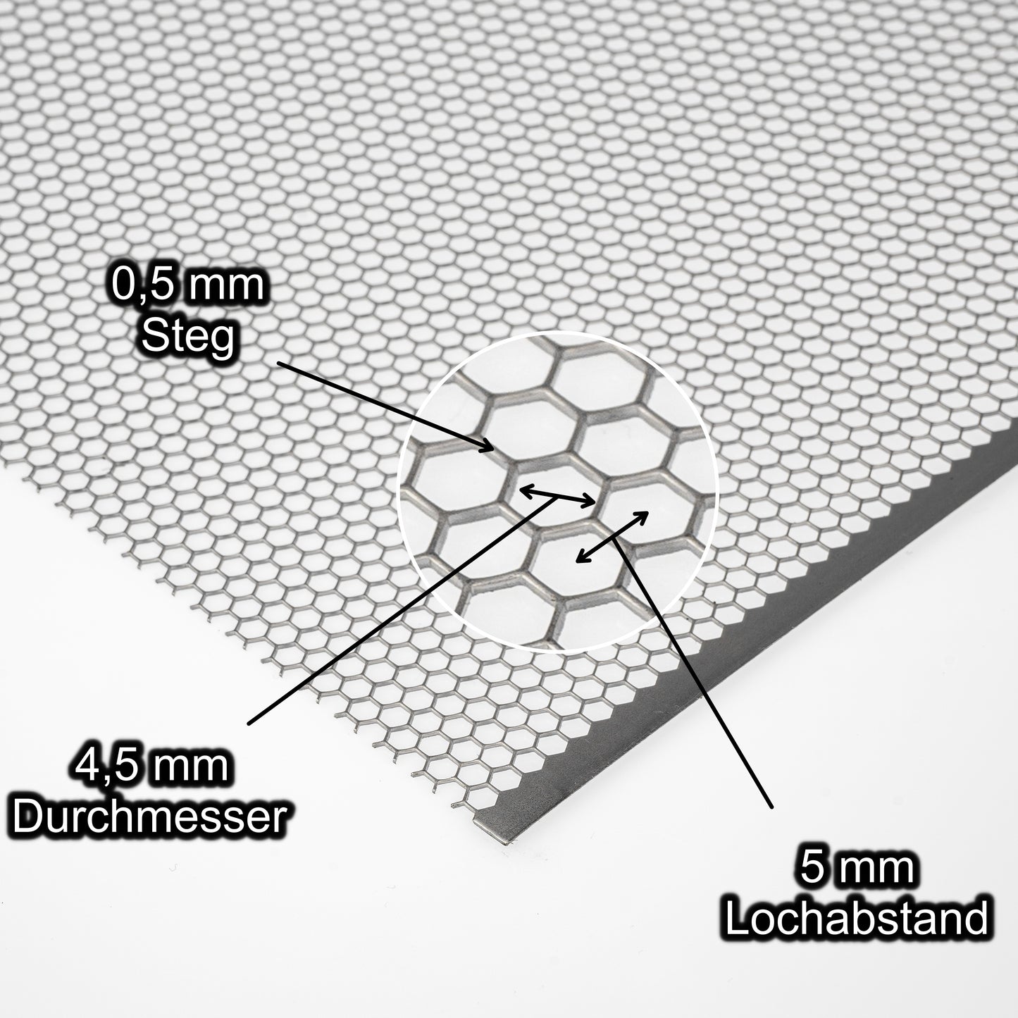 Stahl blank Lochblech mit Lochdurchmesser 4,5 mm - Lochabstand 5 mm - Steg 0,5 mm - Stärke 1 mm