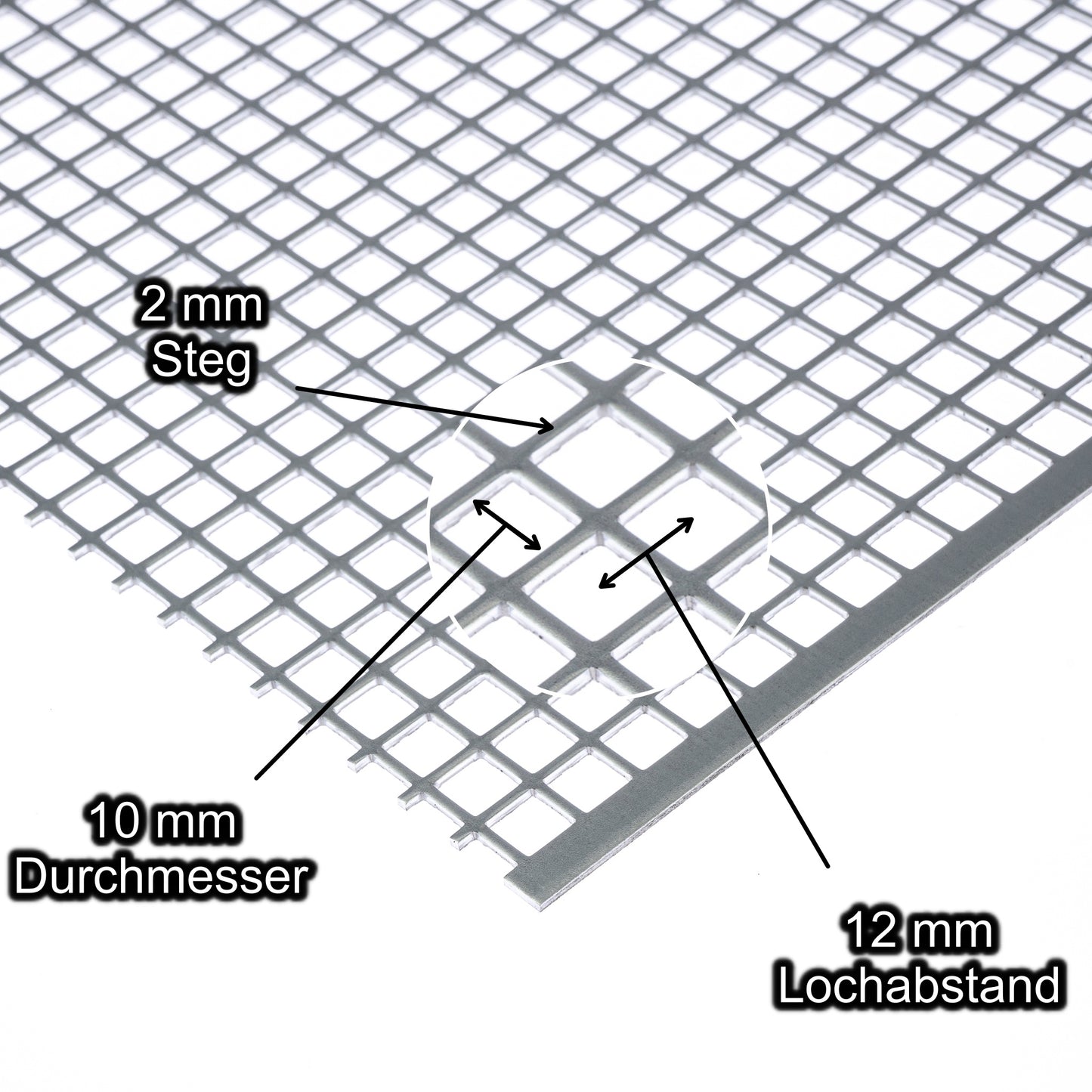 Stahl verzinkt Lochblech mit Lochdurchmesser 10 mm - Lochabstand 12 mm - Steg 2 mm - Stärke 2 mm