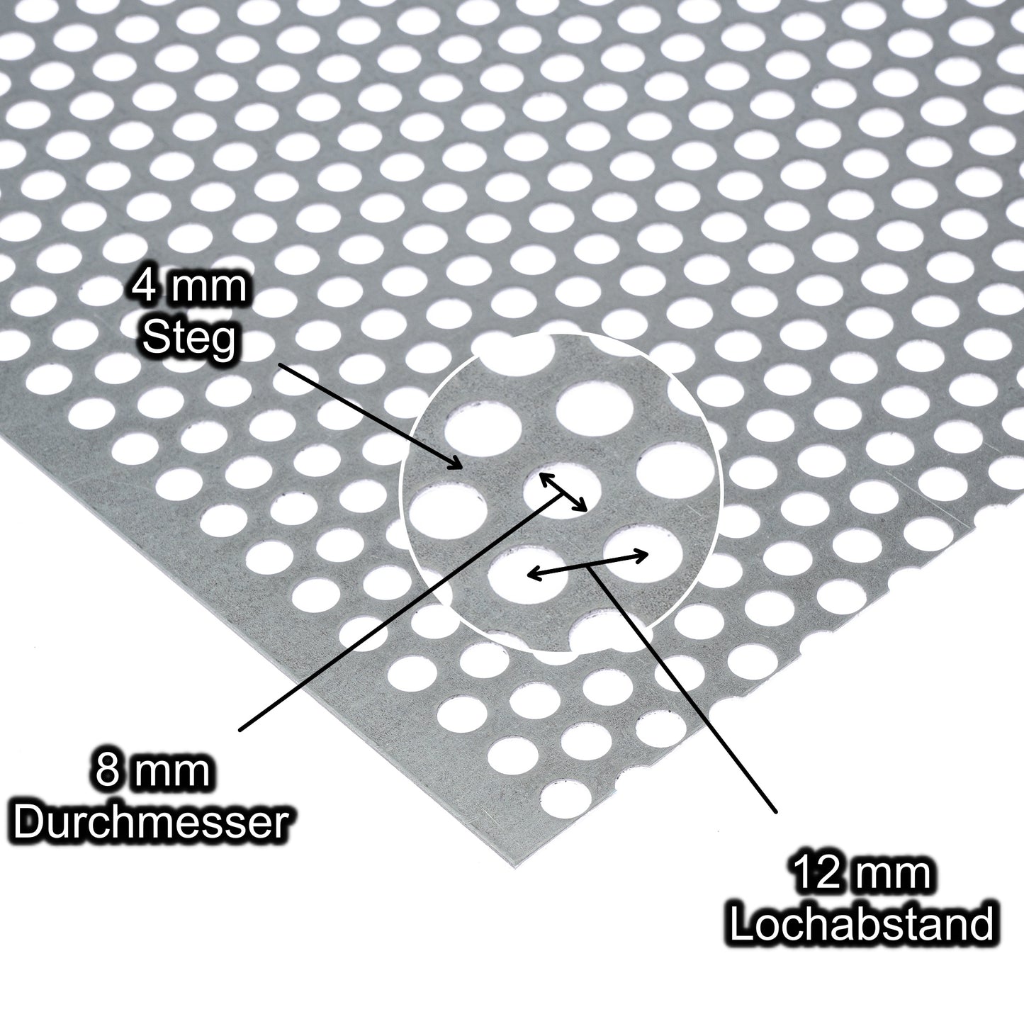 Stahl verzinkt Lochblech mit Lochdurchmesser 5 mm - Lochabstand 8 mm - Steg 3 mm - Stärke 1,5 mm