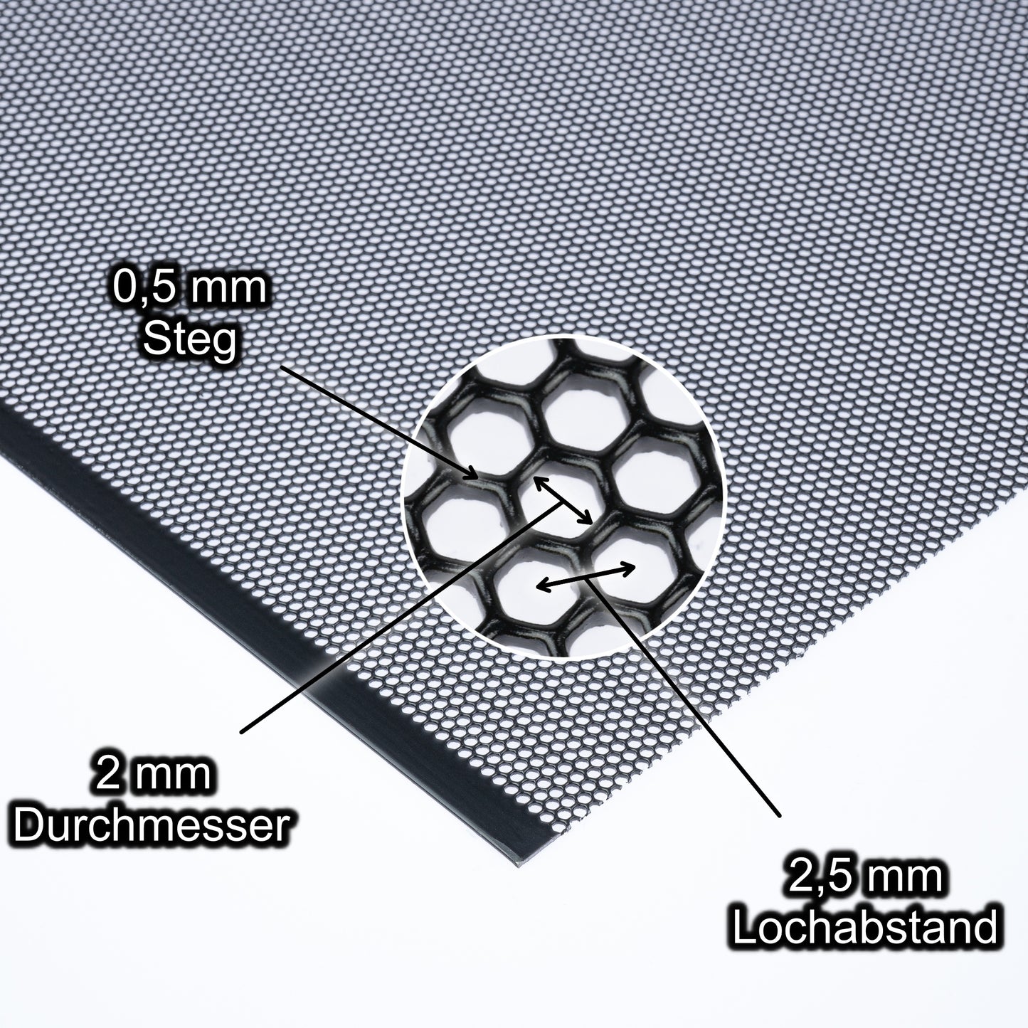 Stahl schwarz Lochblech mit Lochdurchmesser 2 mm - Lochabstand 2,5 mm - Steg 0,5 mm - Stärke 1 mm