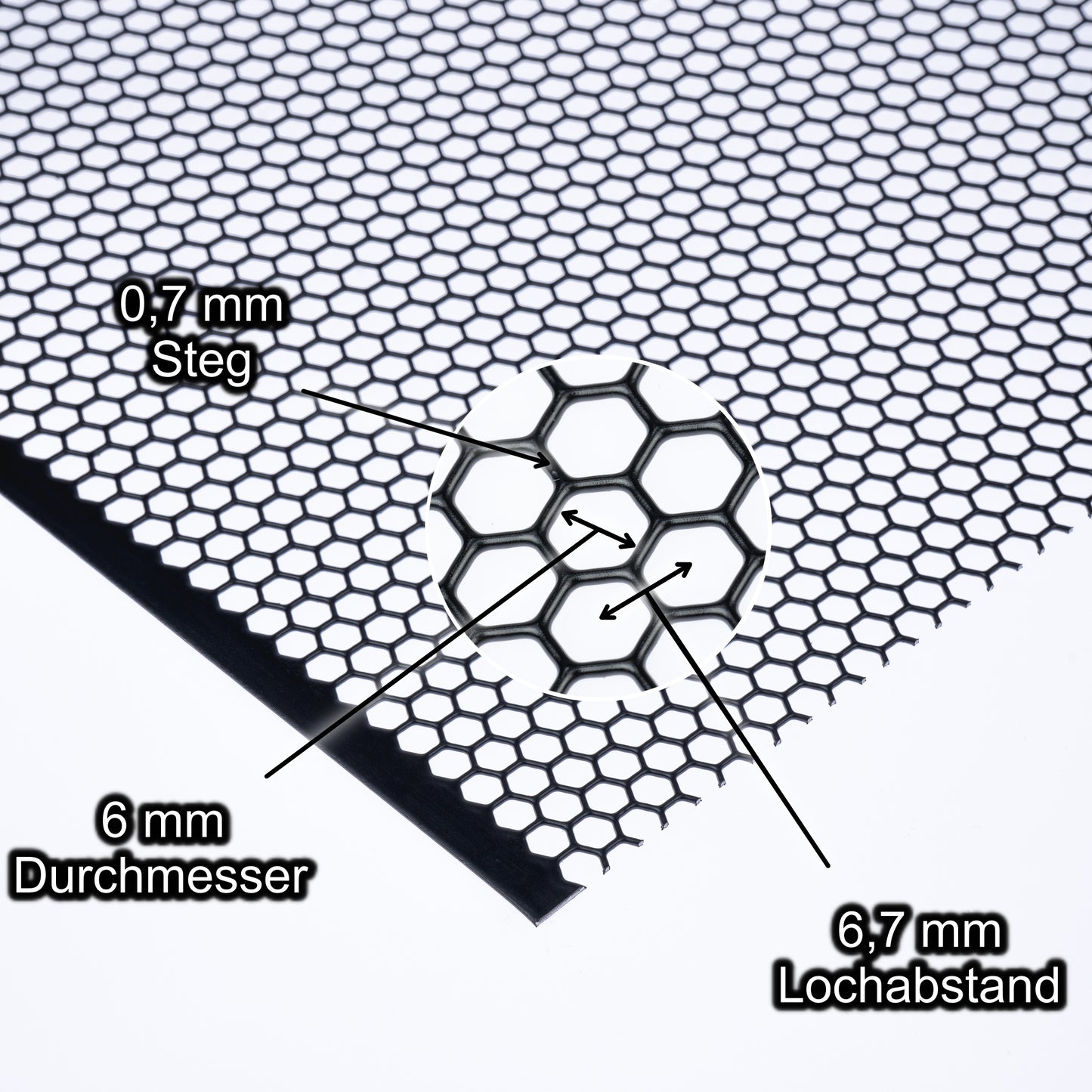 Stahl schwarz Lochblech mit Lochdurchmesser 6 mm - Lochabstand 6,7 mm - Steg 0,7 mm - Stärke 1,5 mm