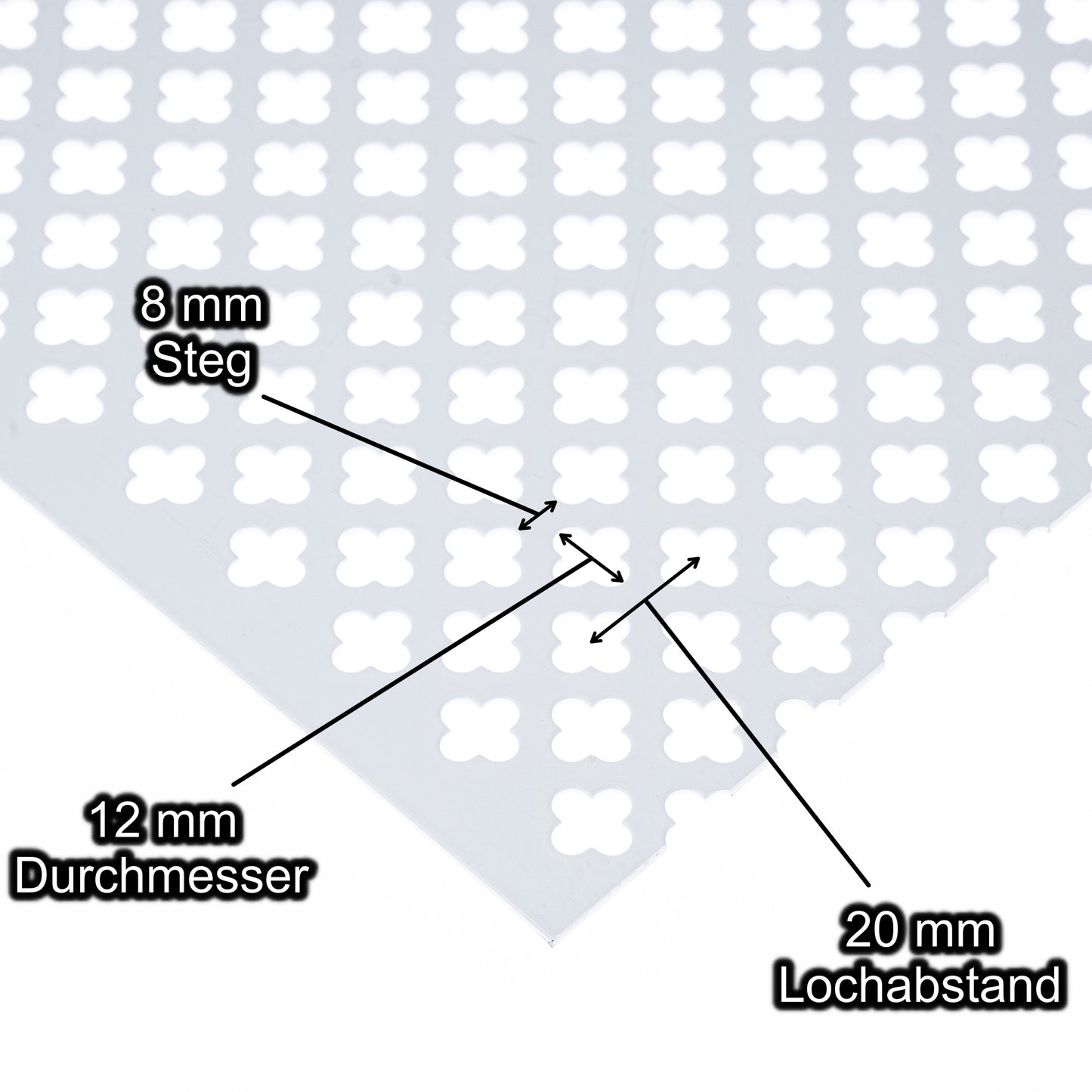 Stahl blank weiss Lochblech mit Lochdurchmesser 12 mm - Lochabstand 20 mm - Steg 8 mm - Stärke 1,5 mm
