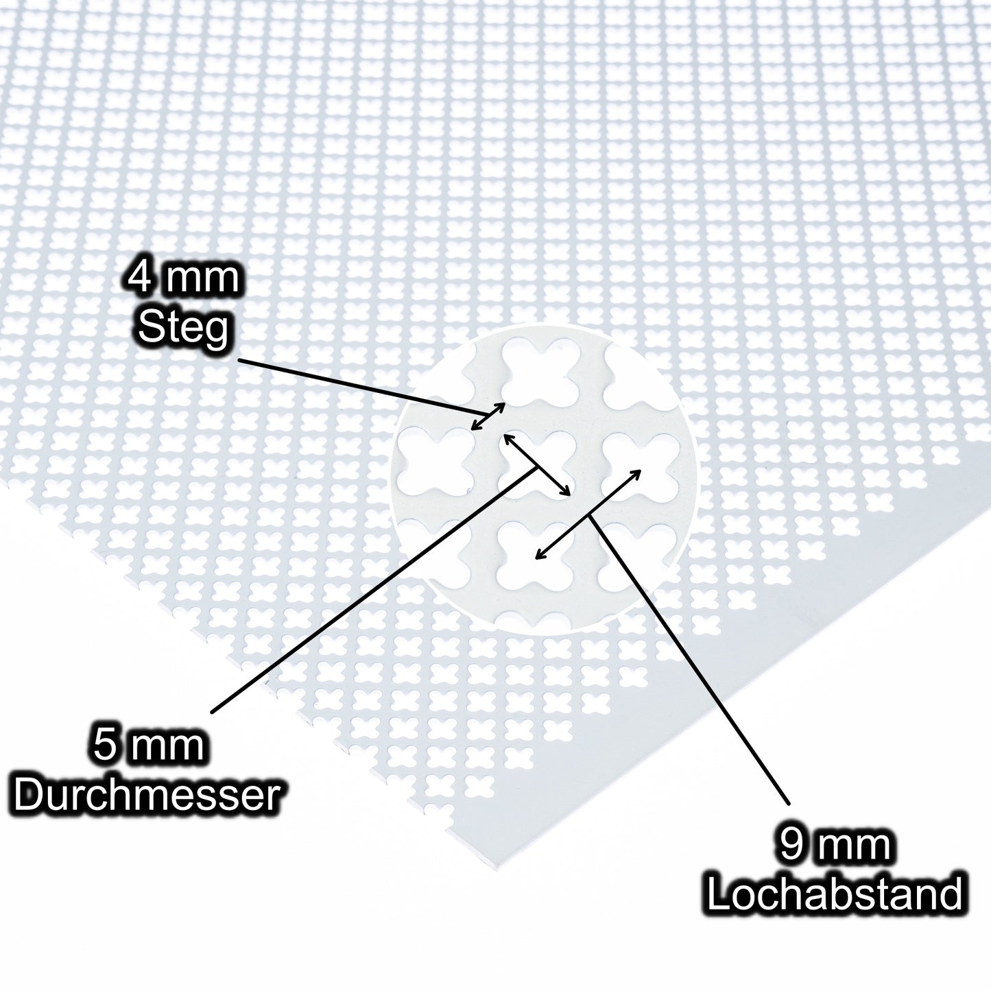 Stahl blank weiss Lochblech mit Lochdurchmesser 5 mm - Lochabstand 9 mm - Steg 4 mm - Stärke 1,5 mm