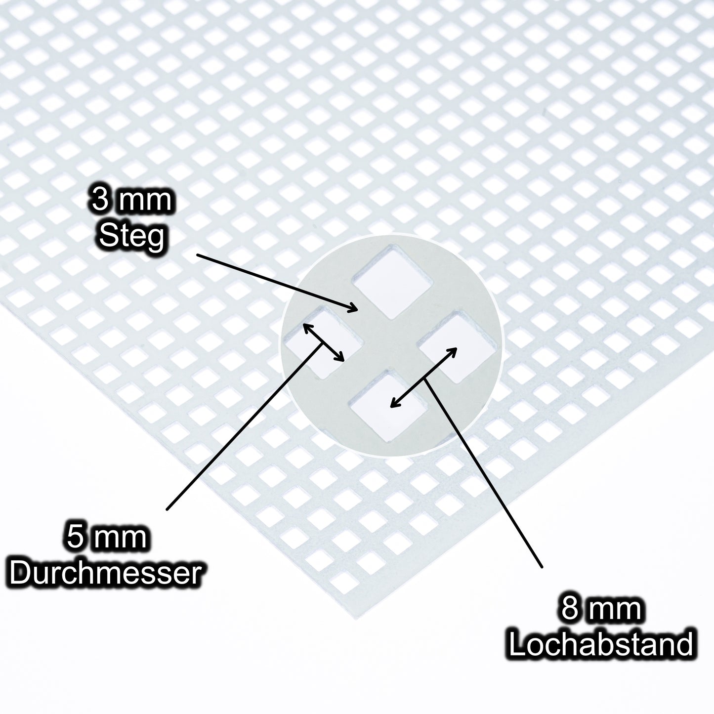 Stahl verzinkt weiss Lochblech mit Lochdurchmesser 5 mm - Lochabstand 8 mm - Steg 3 mm - Stärke 1,5 mm