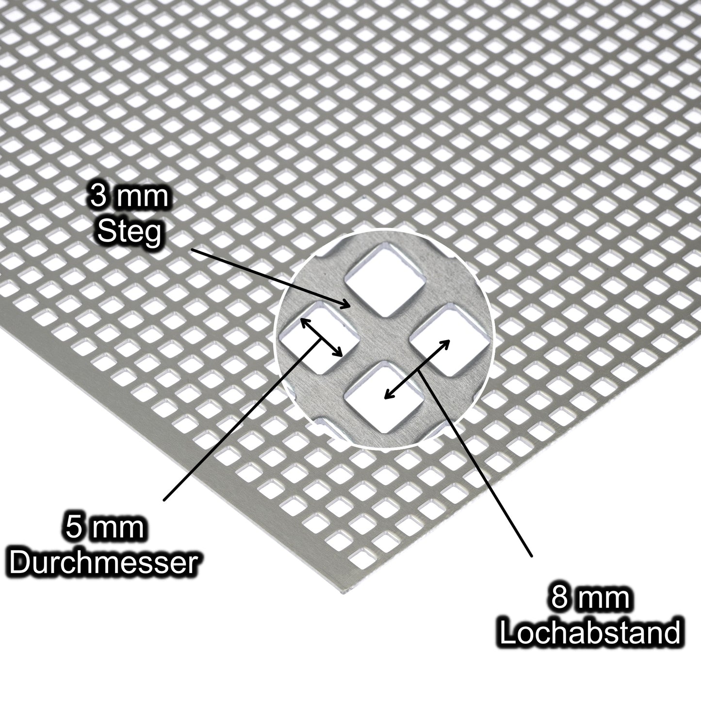 Aluminium eloxiert Lochblech mit Lochdurchmesser 5 mm - Lochabstand 8 mm - Steg 3 mm - Stärke 1,5 mm