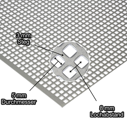 Aluminium eloxiert Lochblech mit Lochdurchmesser 5 mm - Lochabstand 8 mm - Steg 3 mm - Stärke 1,5 mm