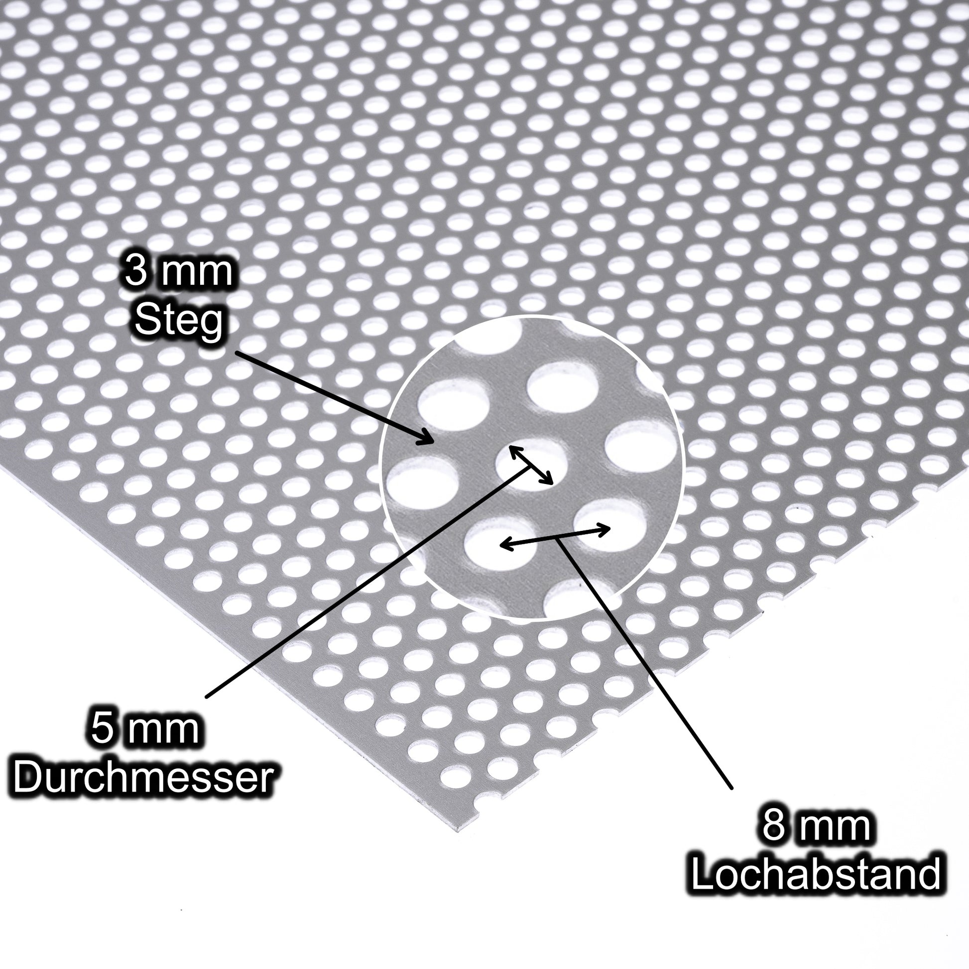 Aluminium eloxiert Lochblech mit Lochdurchmesser 5 mm - Lochabstand 8 mm - Steg 3 mm - Stärke 1,5 mm