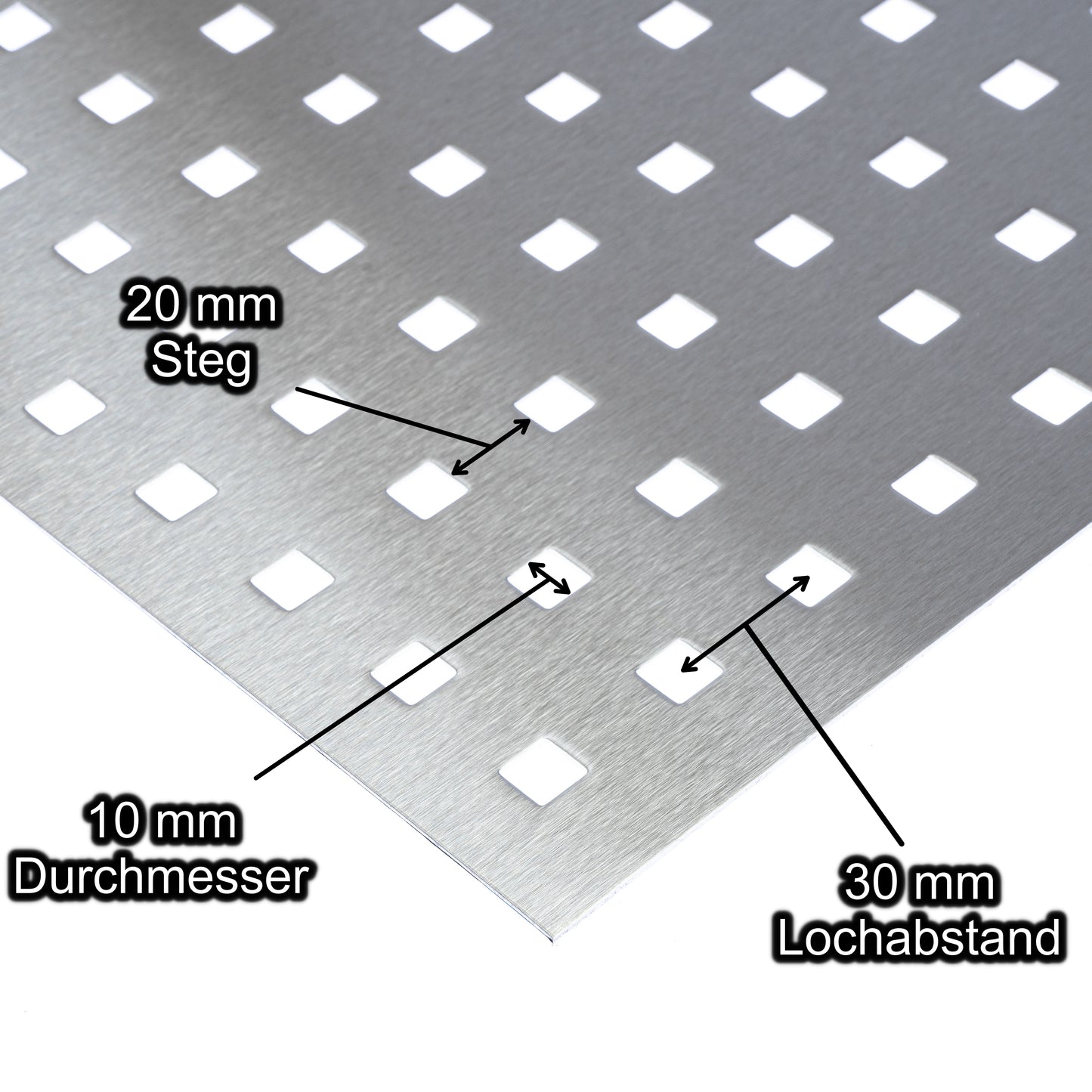 Edelstahl Lochblech mit Lochdurchmesser 10 mm - Lochabstand 30 mm - Steg 20 mm - Stärke 1,5 mm
