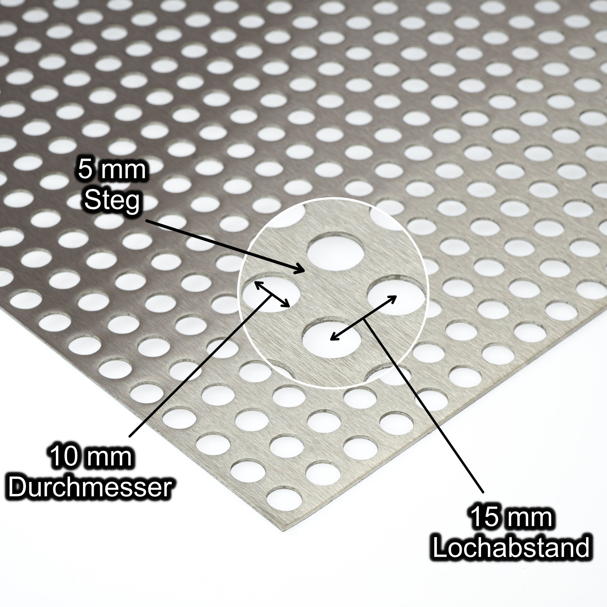 Edelstahl Lochblech mit Lochdurchmesser 10 mm - Lochabstand 15 mm - Steg 5 mm - Stärke 1,5 mm