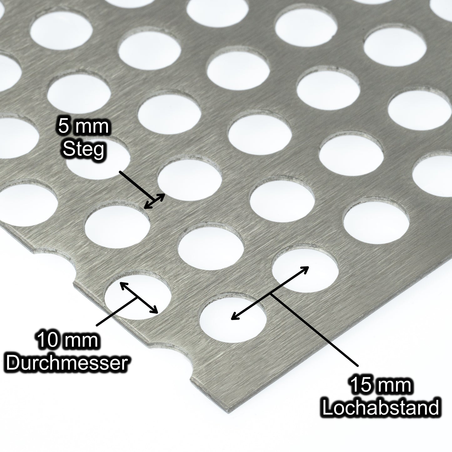 Edelstahl Lochblech mit Lochdurchmesser 10 mm - Lochabstand 15 mm - Steg 5 mm - Stärke 1,5 mm
