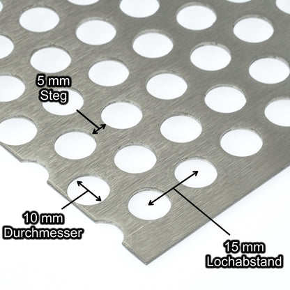 Edelstahl Lochblech mit Lochdurchmesser 10 mm - Lochabstand 15 mm - Steg 5 mm - Stärke 1,5 mm