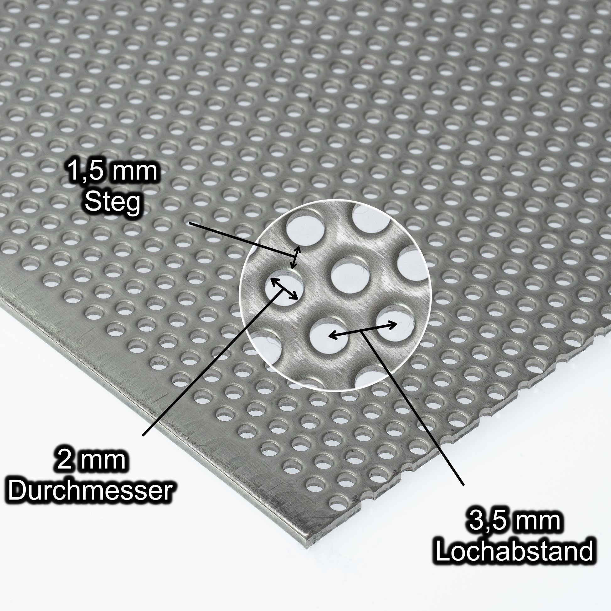 Edelstahl Lochblech mit Lochdurchmesser 2 mm - Lochabstand 3,5 mm - Steg 1,5 mm - Stärke 1,5 mm