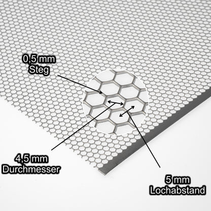 Stahl blank Lochblech mit Lochdurchmesser 4,5 mm - Lochabstand 5 mm - Steg 0,5 mm - Stärke 1 mm