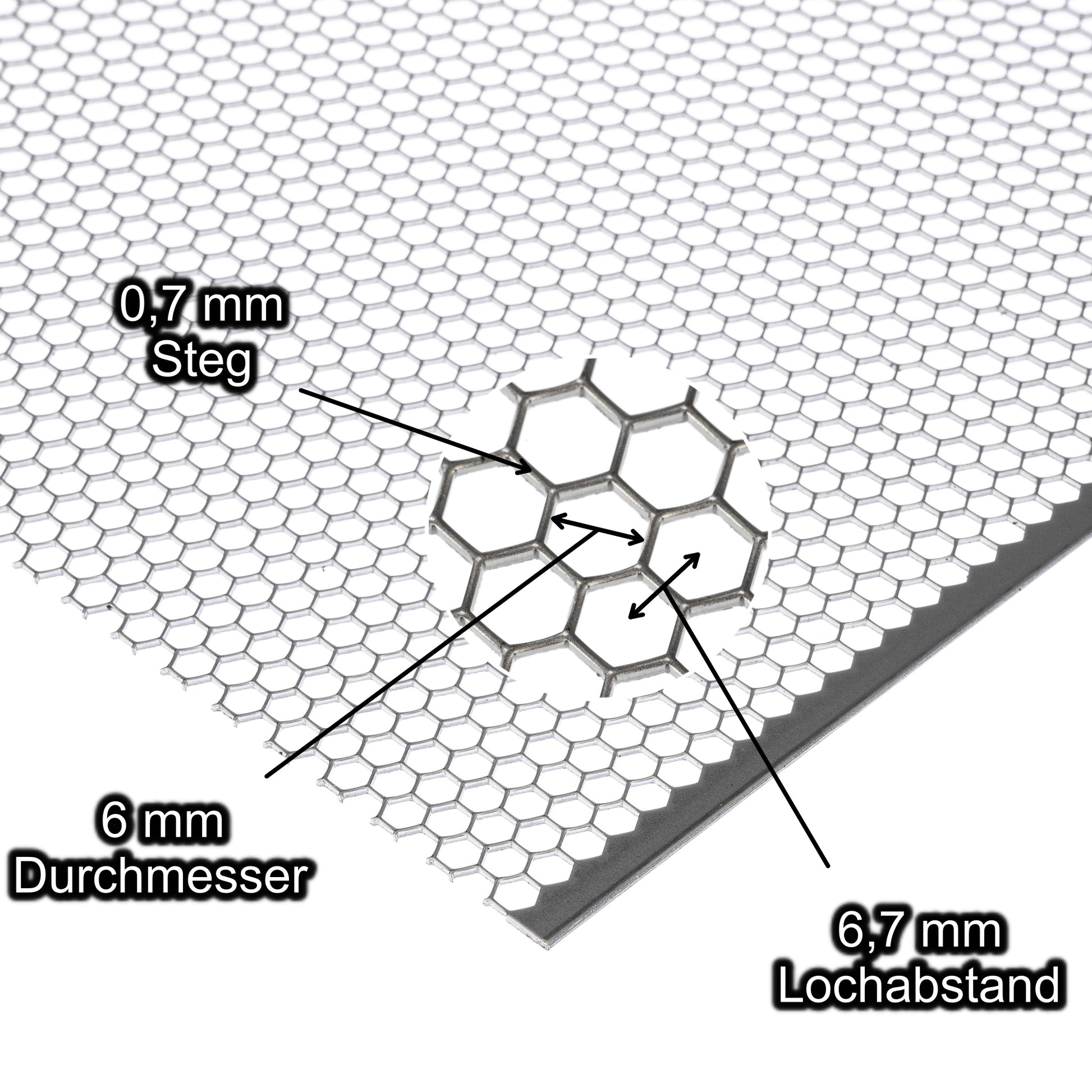 Aluminium Lochblech mit Lochdurchmesser 6 mm - Lochabstand 6,7 mm - Steg 0,7 mm - Stärke 1,5 mm