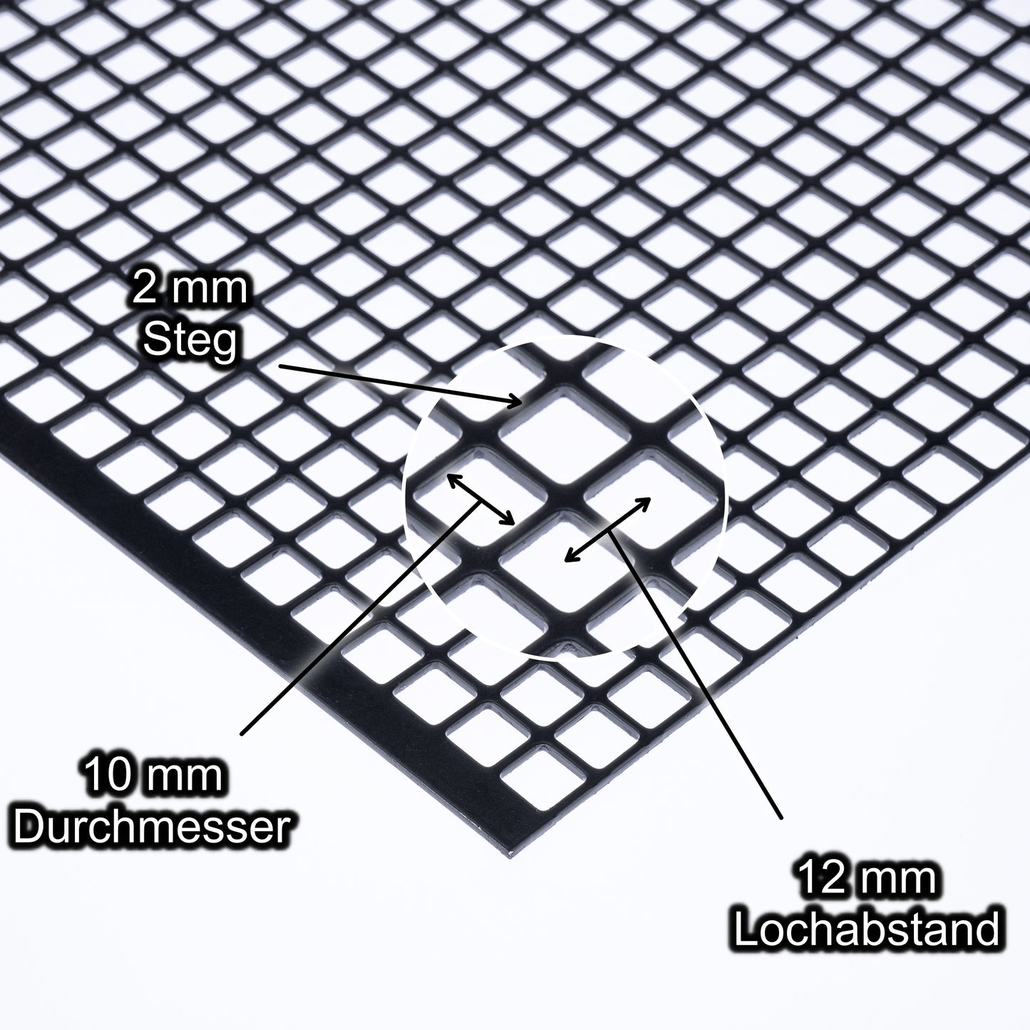 Stahl verzinkt Schwarz Lochblech mit Lochdurchmesser 10 mm - Lochabstand 12 mm - Steg 2 mm - Stärke 2 mm
