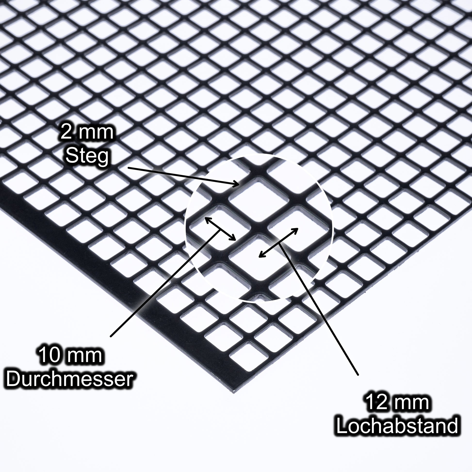 Stahl verzinkt Schwarz Lochblech mit Lochdurchmesser 10 mm - Lochabstand 12 mm - Steg 2 mm - Stärke 2 mm