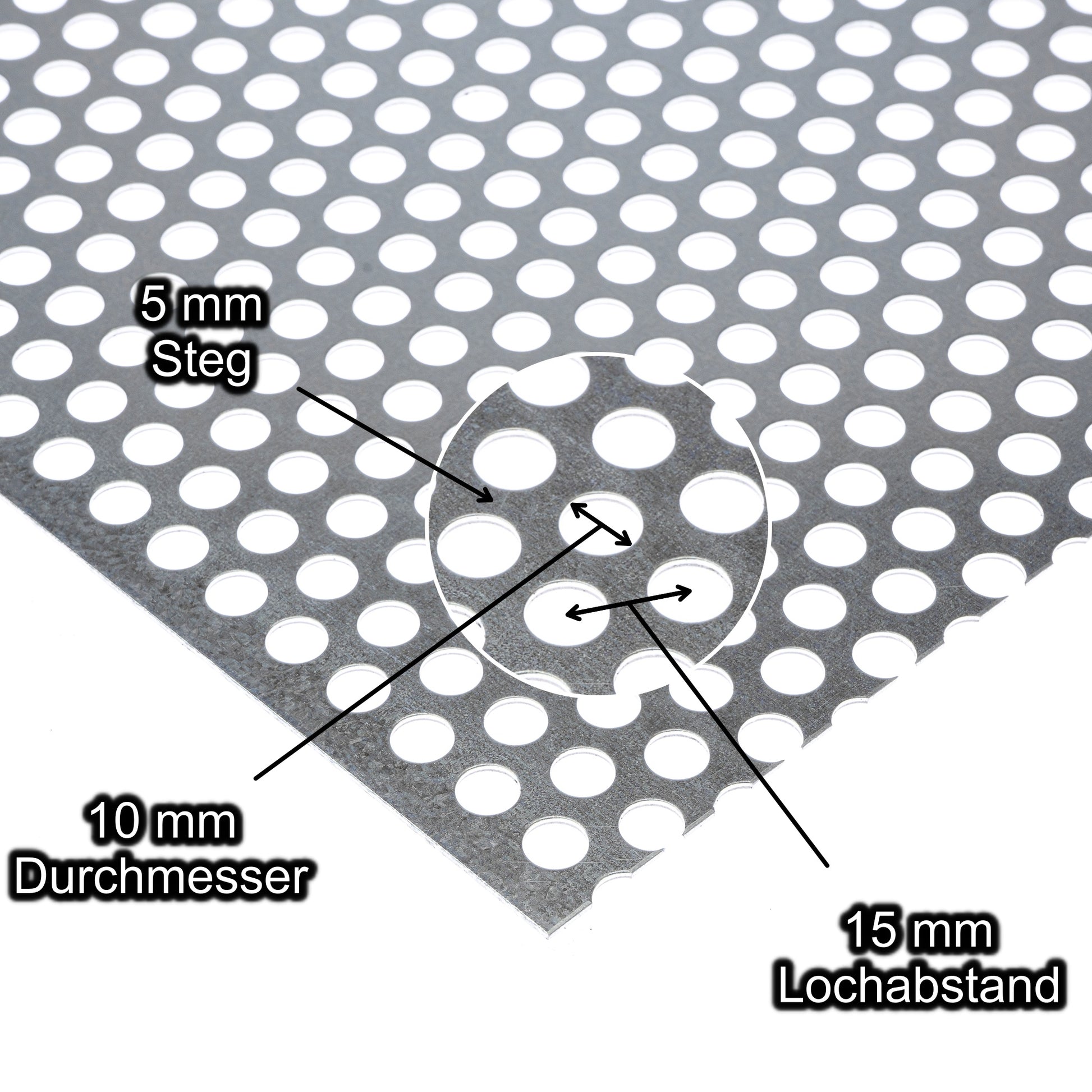 Stahl verzinkt Lochblech mit Lochdurchmesser 10 mm - Lochabstand 15 mm - Steg 5 mm - Stärke 1,5 mm