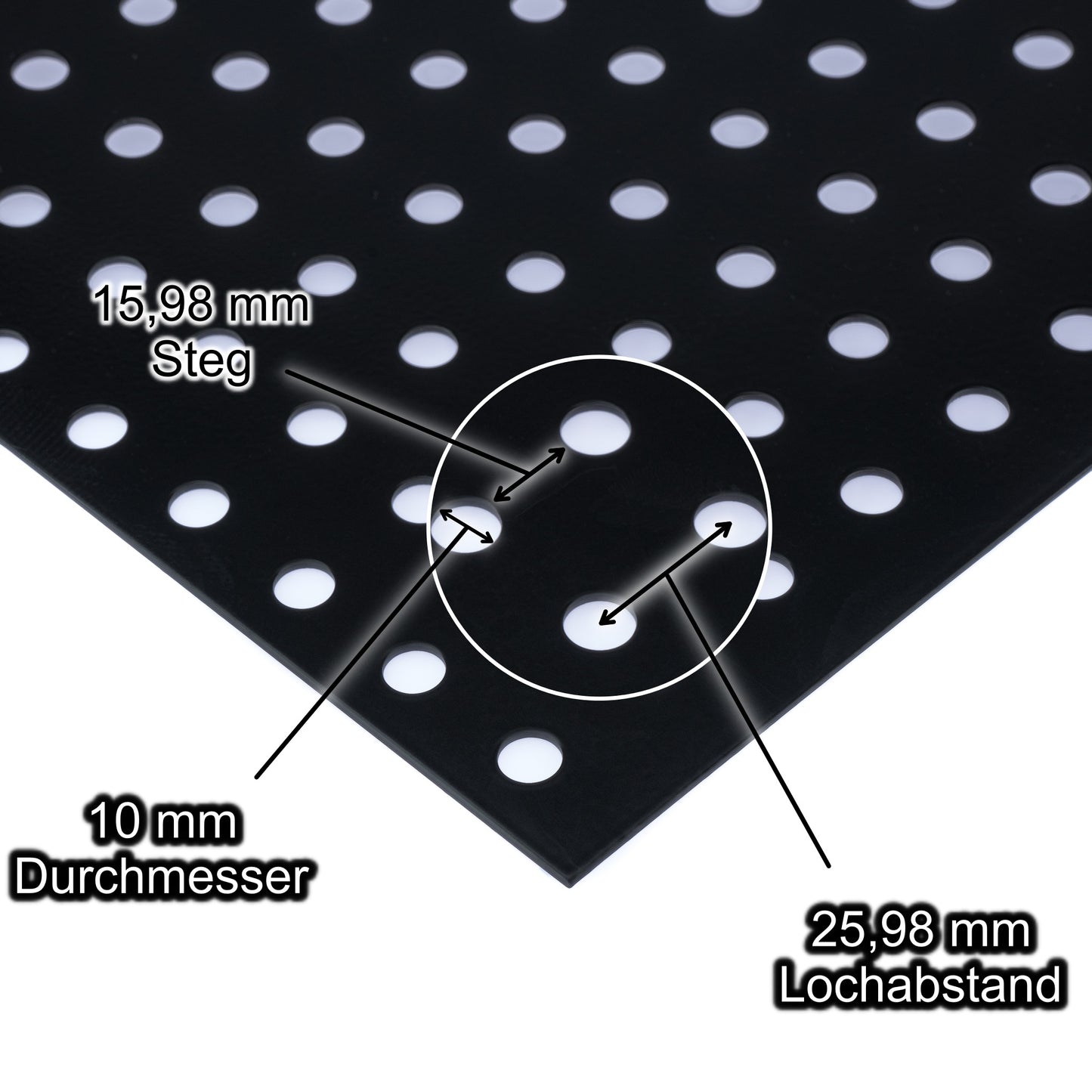 Stahl verzinkt schwarz Lochblech mit Lochdurchmesser 10 mm - Lochabstand 25,98 mm - Steg 15,98 mm - Stärke 1,5 mm