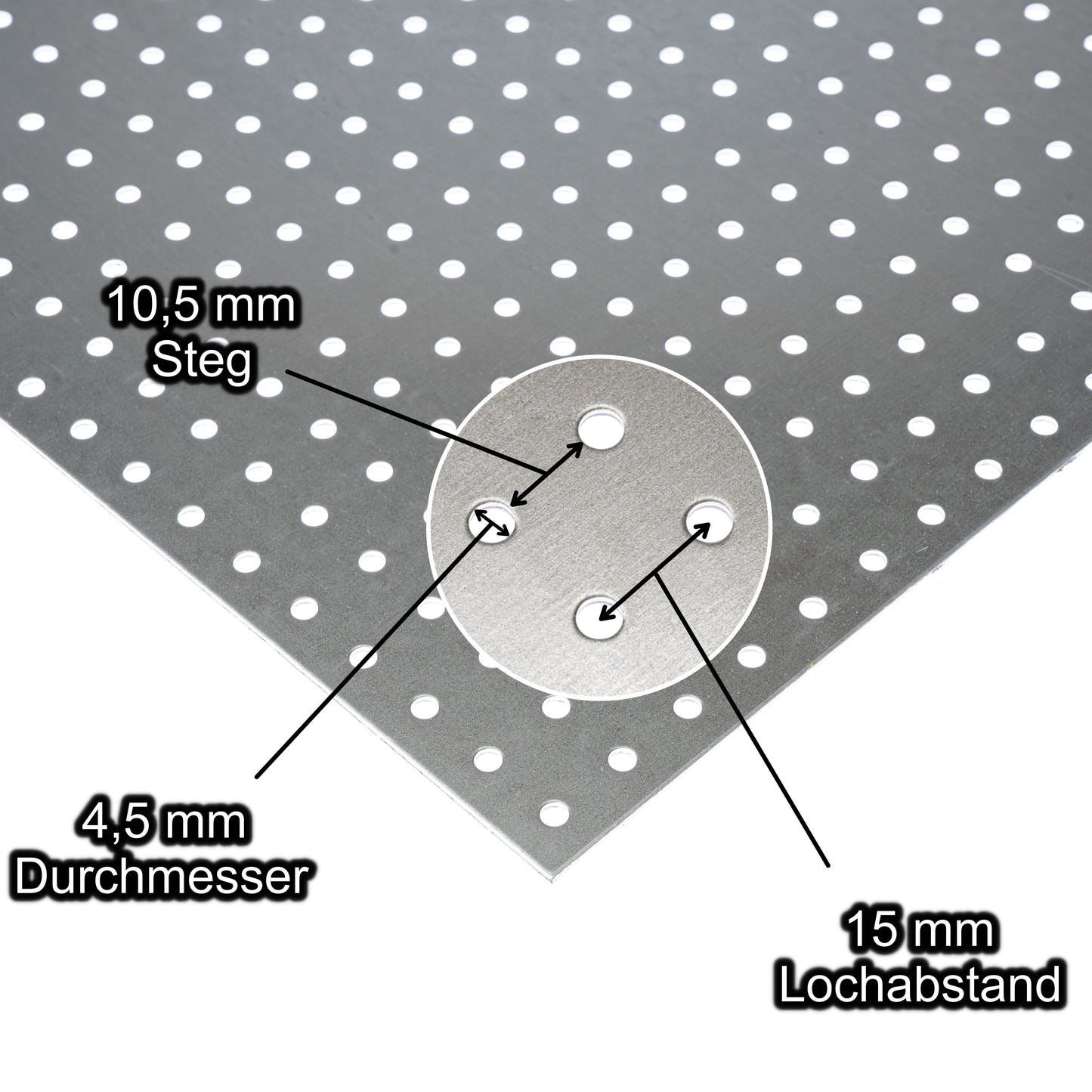Stahl verzinkt Lochblech mit Lochdurchmesser 4,5 mm - Lochabstand 15 mm - Steg 10,5 mm - Stärke 1,5 mm