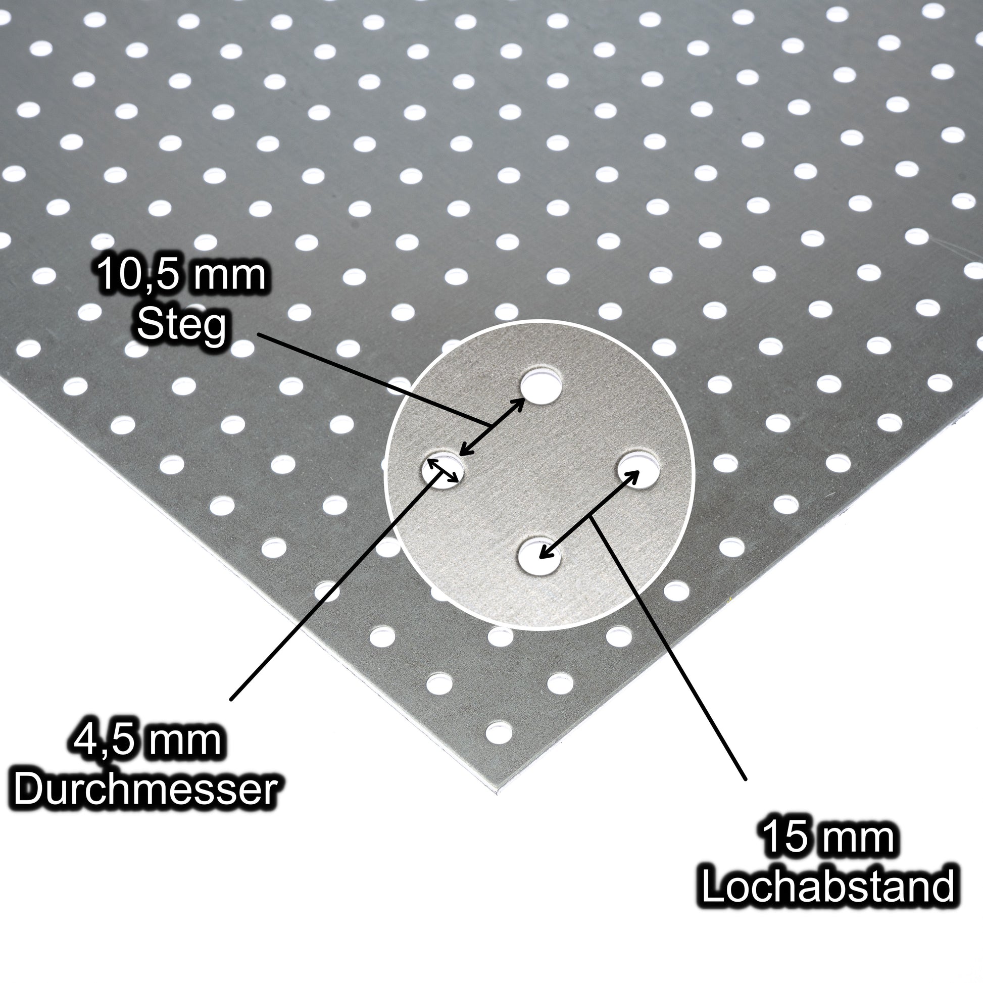Stahl verzinkt Lochblech mit Lochdurchmesser 4,5 mm - Lochabstand 15 mm - Steg 10,5 mm - Stärke 1,5 mm