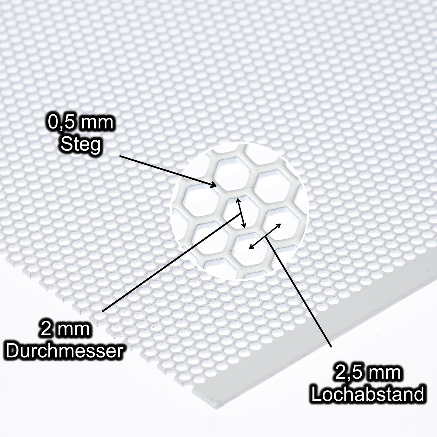 Stahl weiss Lochblech mit Lochdurchmesser 2 mm - Lochabstand 2,5 mm - Steg 0,5 mm - Stärke 1 mm