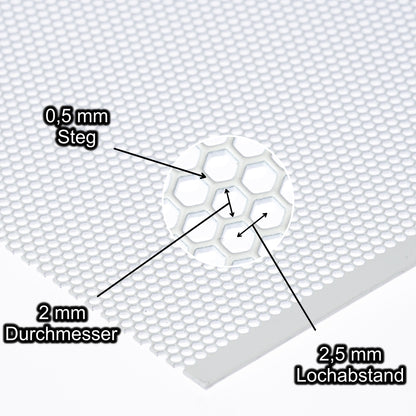 Stahl weiss Lochblech mit Lochdurchmesser 2 mm - Lochabstand 2,5 mm - Steg 0,5 mm - Stärke 1 mm