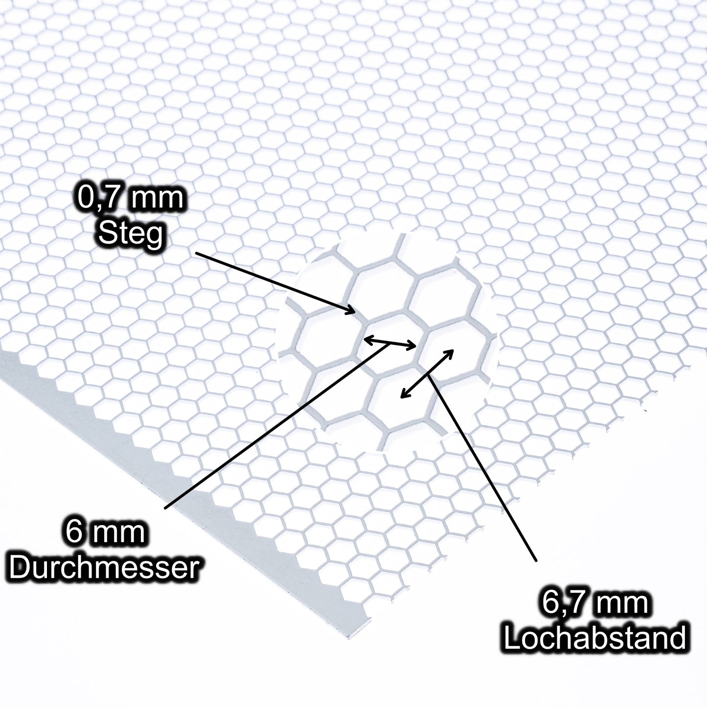 Stahl weiss Lochblech mit Lochdurchmesser 6 mm - Lochabstand 6,7 mm - Steg 0,7 mm - Stärke 1,5 mm
