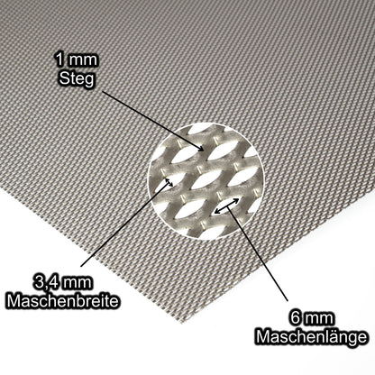 Edelstahl Streckmetall mit Maschenweite 6x3,4x1 mm - Stärke 0,5 mm